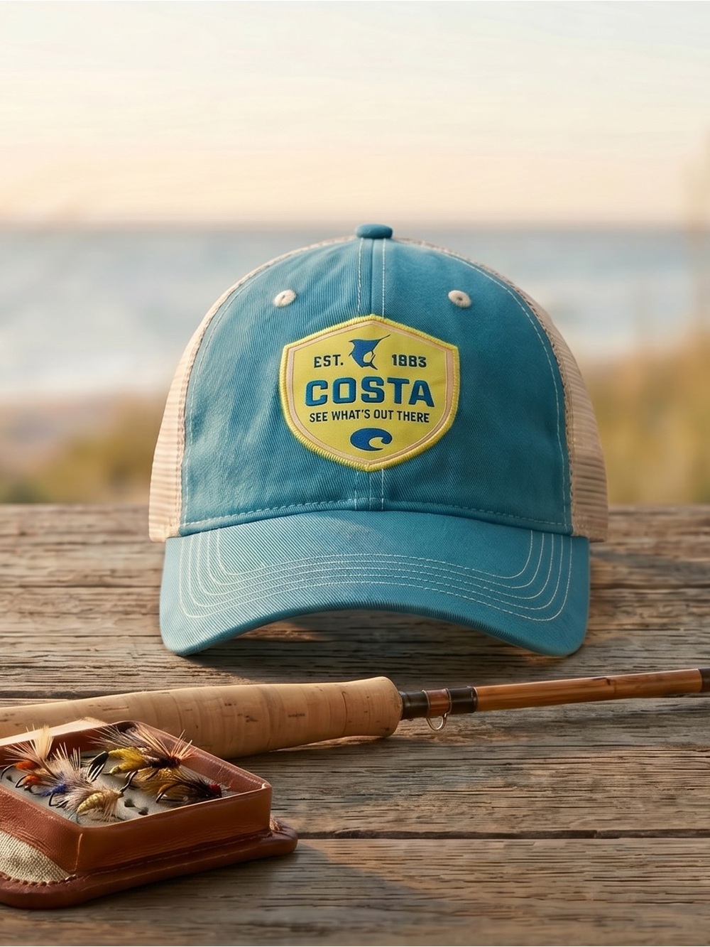 Costa Teal & White Mesh Cap Hat w Yellow Patch Velcro Adjustable Unisex